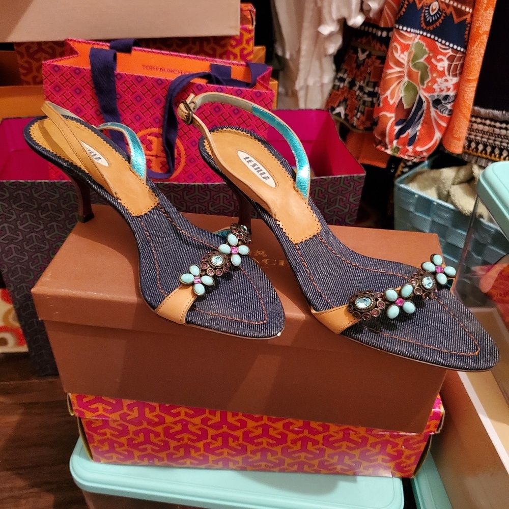 Elegant Denim and Tan Heels with Embellishments